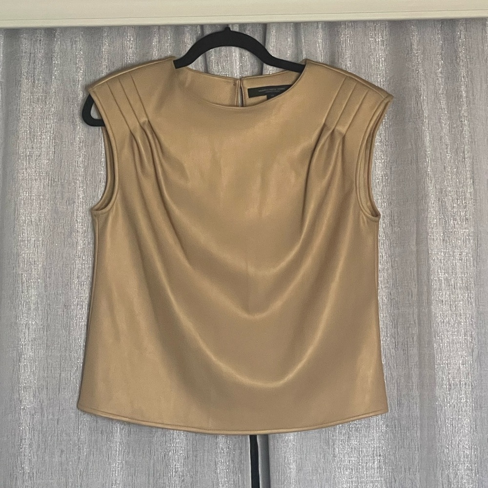 Faux vegan leather wide shoulder top